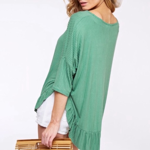 vine & love Tops - 3/$20 ☀️ Green ribbed loose fit tee ruffle trim